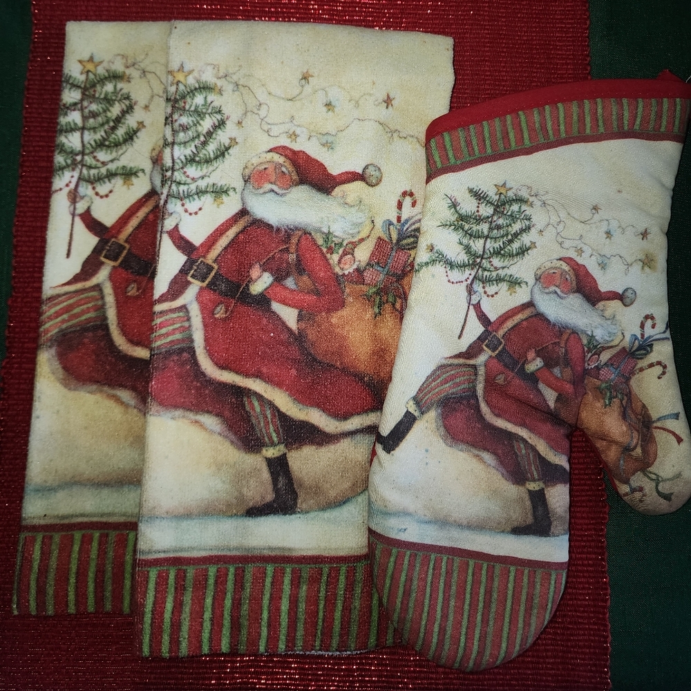 Holiday Kitchen Set. Santa with Tree Oven Mitt and Two Kitchen Hand Towels
